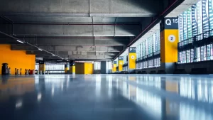 Estacionamento coberto vazio, com piso polido refletindo a iluminação, colunas numeradas e paredes pintadas de amarelo.